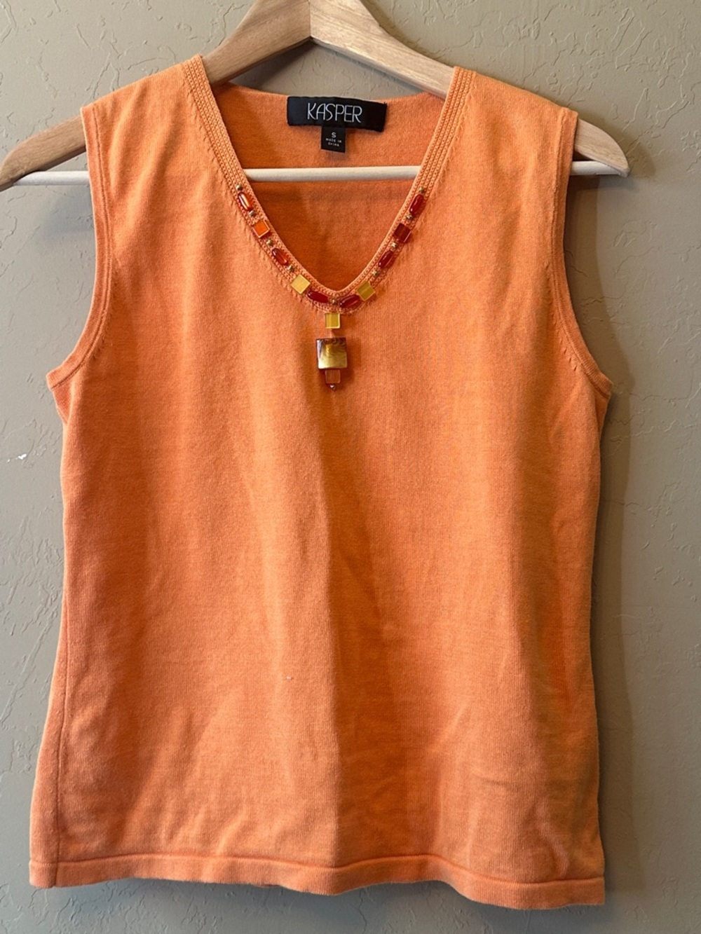 Kasper Orange Sleeveless V-Neck Tank with Bead Detail